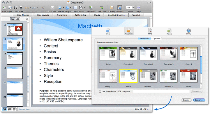 MindView 3 Mac Edition, Microsoft PowerPoint, presentation, slideshow, templates, attachments