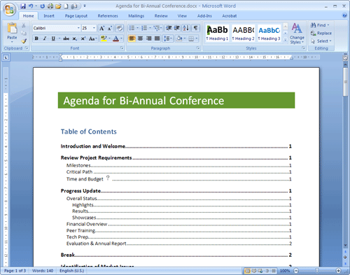 table of contents template. with a table of contents