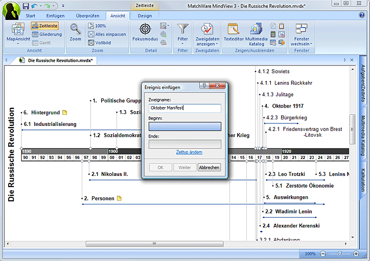 MindView Zeitleiste, Zeitleistensoftware, Dialog, Zeitachse, Ereignisse einf�gen